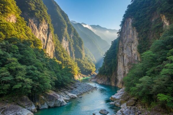 太魯閣國家公園的壯麗峽谷景觀，陡峭的大理石崖壁從碧綠河谷升起，周圍綠林覆蓋，背景霧氣瀰漫的山脈在晴朗藍天下閃耀，陽光透過樹木灑在水面上，形成金黃高光，寬角視野捕捉自然宏偉。圖片由AI生成。