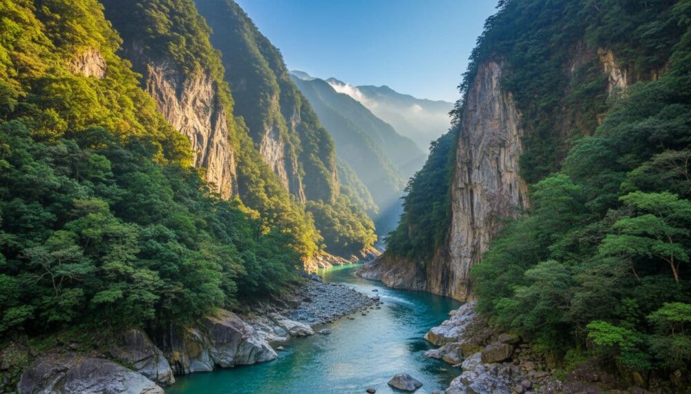 太魯閣國家公園的壯麗峽谷景觀,陡峭的大理石崖壁從碧綠河谷升起,周圍綠林覆蓋,背景霧氣瀰漫的山脈在晴朗藍天下閃耀,陽光透過樹木灑在水面上,形成金黃高光,寬角視野捕捉自然宏偉。圖片由AI生成。