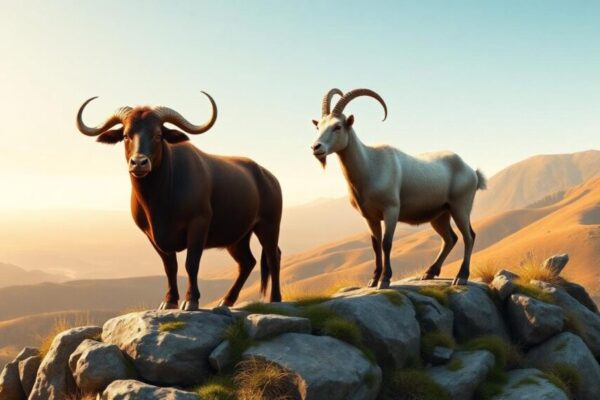 土象配對穩定成長的意象，金牛與摩羯並肩前行，AI生成圖像，著重穩定與長期目標。