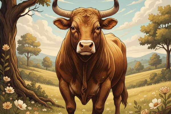 象徵金牛座穩重魅力的圖像：寧靜田園中優雅金牛站在綠草地，周圍鮮花環繞，背景山丘藍天，使用溫暖土色調傳達安全感