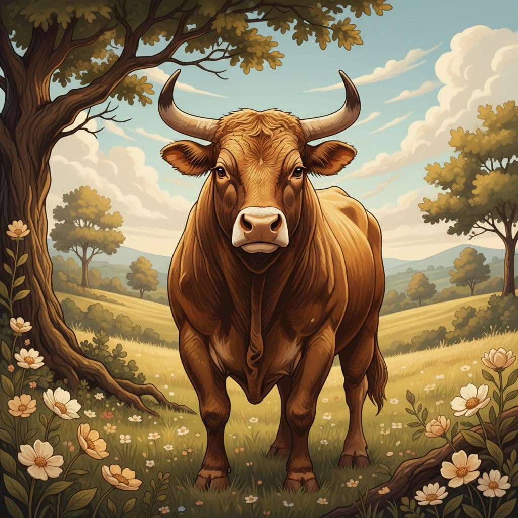 象徵金牛座穩重魅力的圖像:寧靜田園中優雅金牛站在綠草地,周圍鮮花環繞,背景山丘藍天,使用溫暖土色調傳達安全感