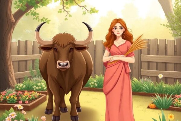 金牛座與處女座的穩定關係，AI 生成圖像，展示兩者在整齊庭園中的和諧畫面