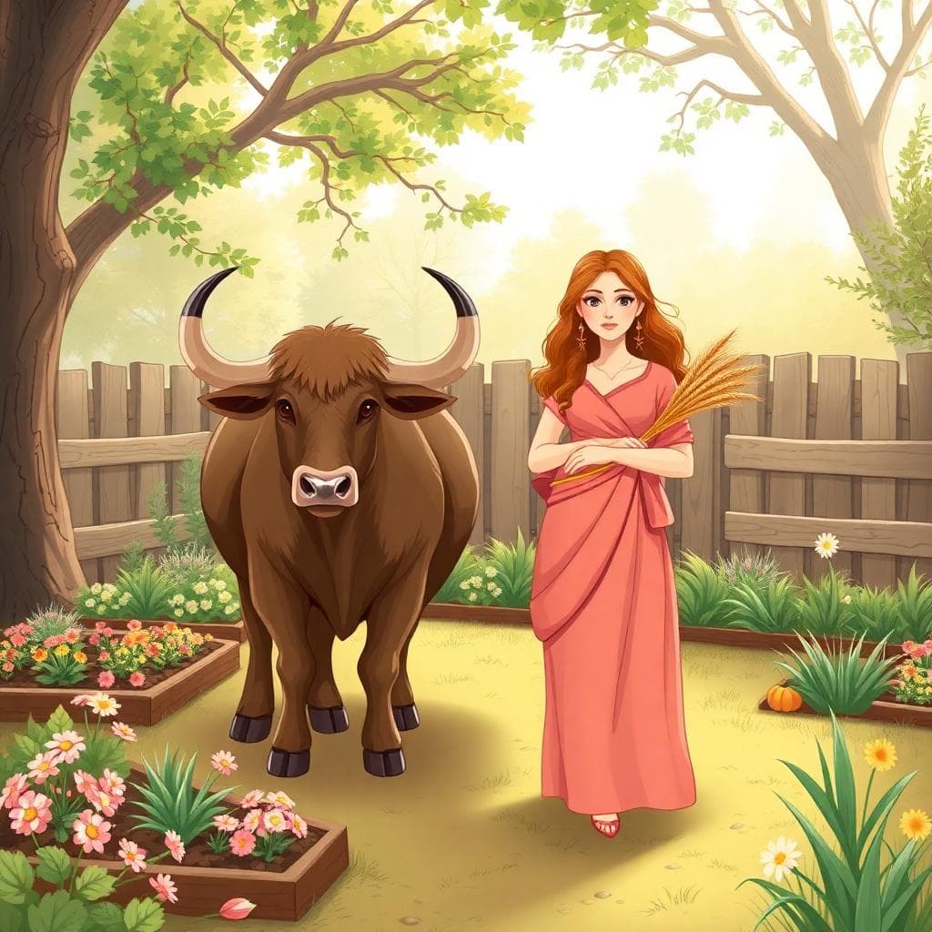 金牛座與處女座的穩定關係，AI 生成圖像，展示兩者在整齊庭園中的和諧畫面