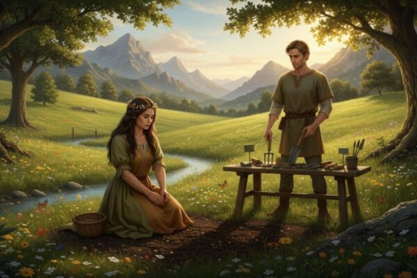 兩位和諧人物代表金牛座與處女座，站在綠意盎然的田野中，一人穩穩種植種子，另一人精準整理工具，背景有山脈與陽光灑落的樹木，象徵穩定與實際，溫暖土色調，寫實風格，寧靜氛圍。