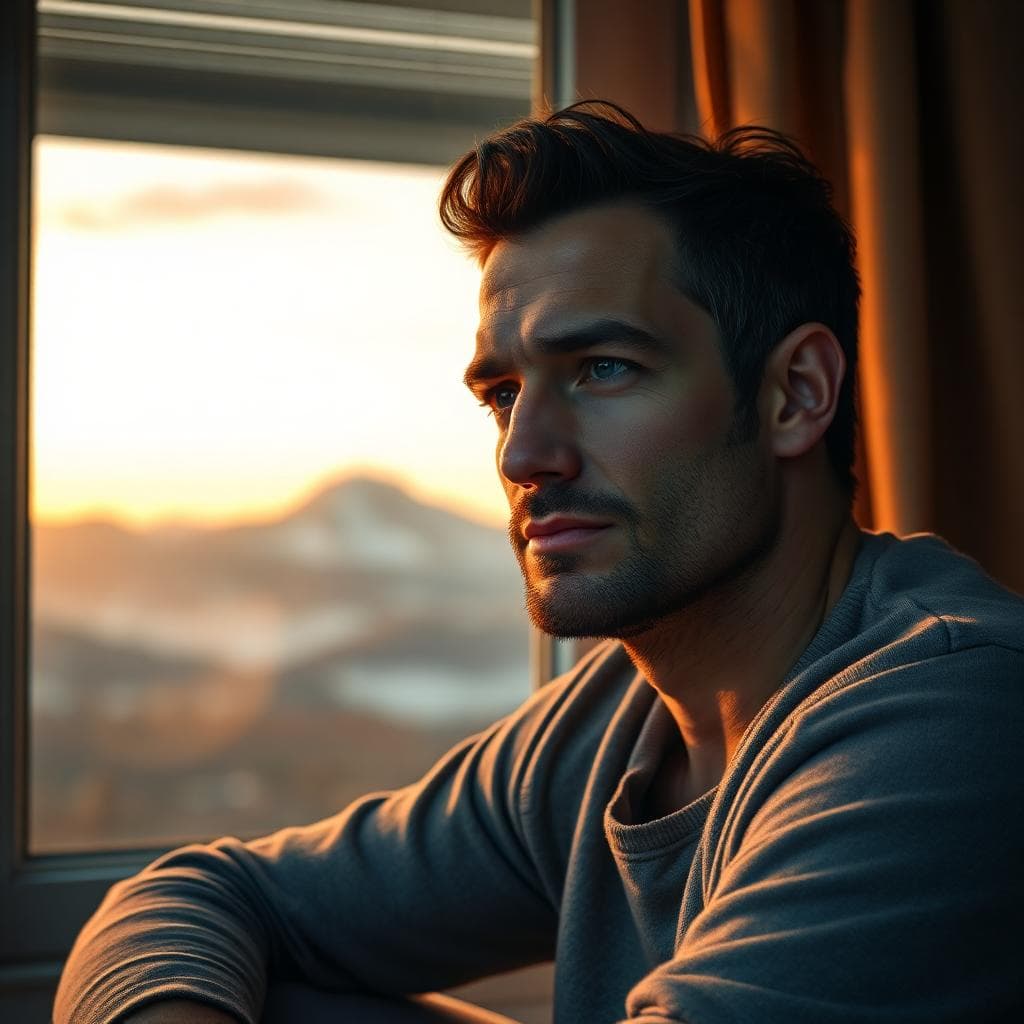 A thoughtful Capricorn in their mid-30s sitting by a window at dusk, gazing at mountains with a serious yet hopeful expression