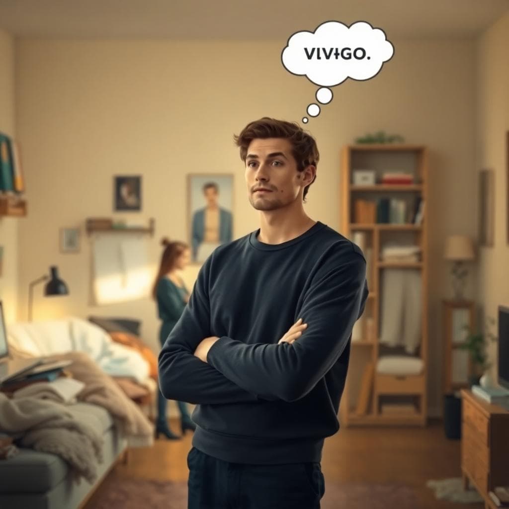 Image generated by AI: 一位處女座特質的人物在房間裡觀察細節，前景是一對在平和討論的情侶，背景從雜亂轉為整潔，整體風格寫實、光線柔和，傳達理解與和諧的氛圍。