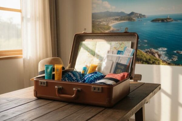 旅人打包行李，包含防曬霜、帽子、泳衣、澎湖地圖和旅行文件，放在明亮的木桌子上，背景有海洋海報和陽光