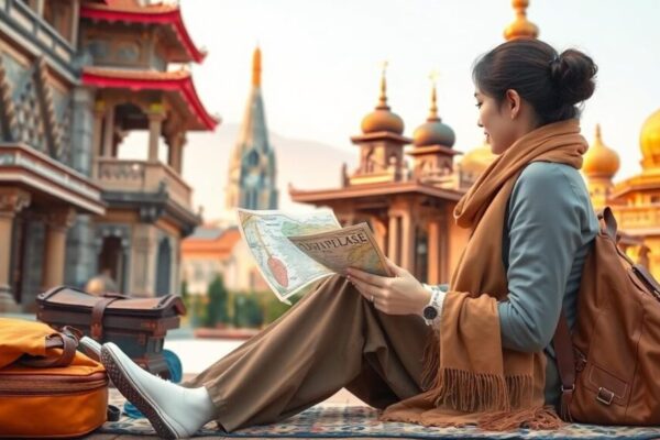 行前禮儀準備與穿著考量的 AI 圖像，背景包含寺廟與教堂元素，著重準備與尊重