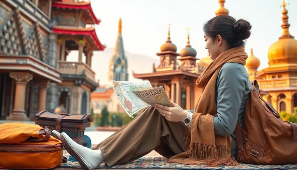 行前禮儀準備與穿著考量的 AI 圖像,背景包含寺廟與教堂元素,著重準備與尊重