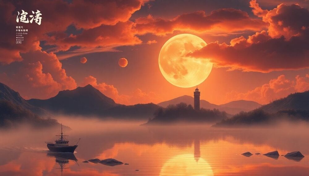 一個充滿活力的月亮以白羊座的羊頭形狀呈現,背景是現代辦公室環境,羊頭周圍有火焰象徵熱情和衝動的情緒