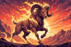 A vibrant illustration of an Aries zodiac sign, showing a dynamic ram charging forward with flames around it, symbolizing passion and energy.