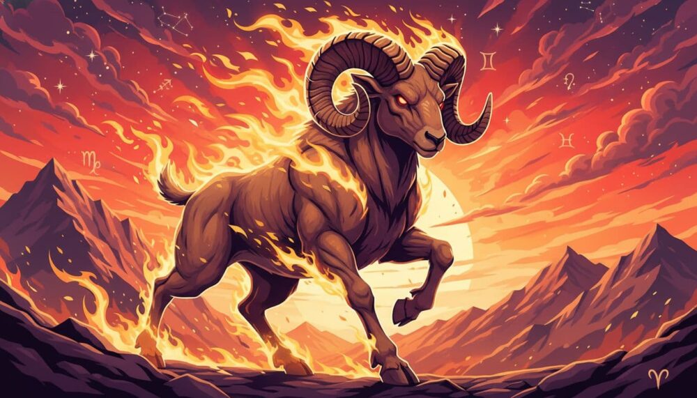 A vibrant illustration of an Aries zodiac sign, showing a dynamic ram charging forward with flames around it, symbolizing passion and energy.