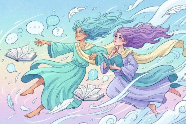 A vibrant illustration of the Gemini zodiac sign, showing twin figures in a breezy, dynamic pose, one reaching out curiously while the other looks thoughtful, surrounded by swirling winds and elements of air like floating books and speech bubbles, in a colorful, energetic style with soft pastel backgrounds, evoking playfulness and versatility.