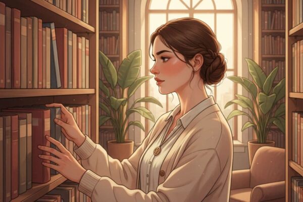 一位年輕女性在圖書館中專注整理書籍，周圍書架整齊，背景有綠色植物，溫暖燈光營造追求完美的氛圍