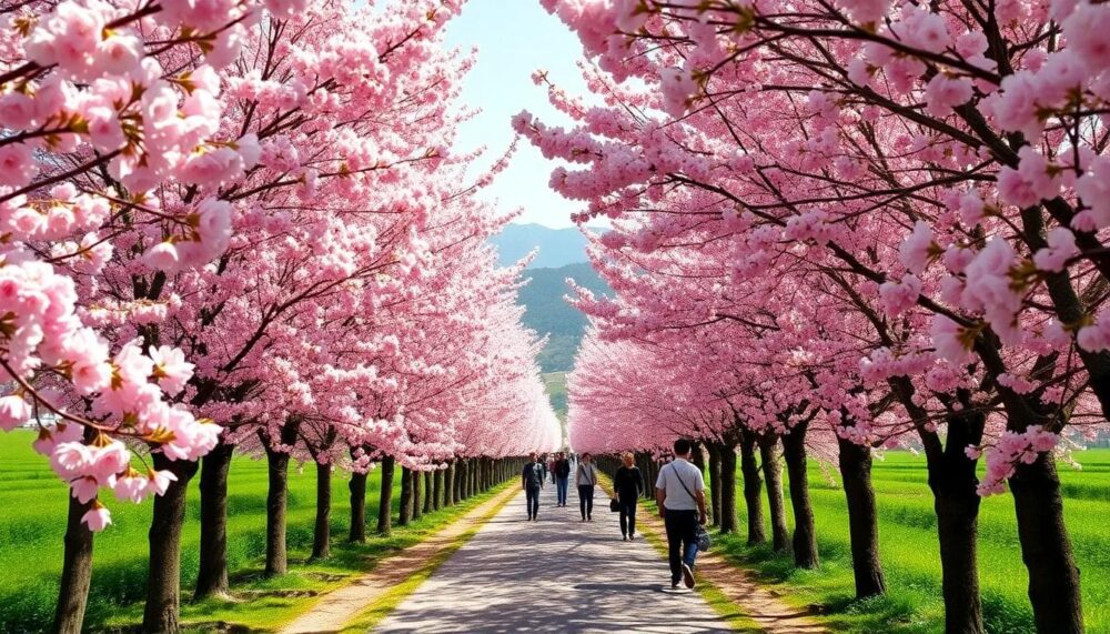 武陵農場粉紅櫻花河,花道與遠山相映,AI生成影像