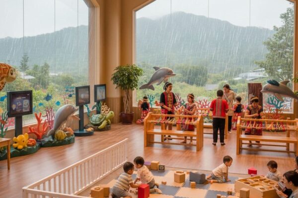 宜蘭雨天室內親子景點，父母與幼童在教育展區玩耍，周圍有海洋生態與傳統工藝展示，窗外綠山細雨，室內溫暖明亮。圖片由AI生成。