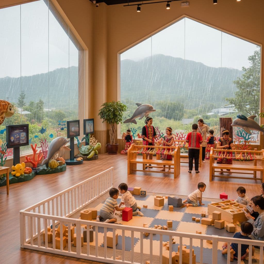 宜蘭雨天室內親子景點,父母與幼童在教育展區玩耍,周圍有海洋生態與傳統工藝展示,窗外綠山細雨,室內溫暖明亮。圖片由AI生成。