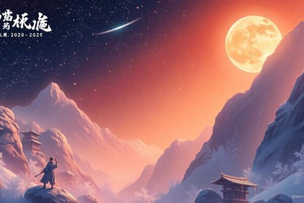 A young person pulling a bow and arrow on a vast grassland under a starry sky and distant mountains, symbolizing freedom and exploration