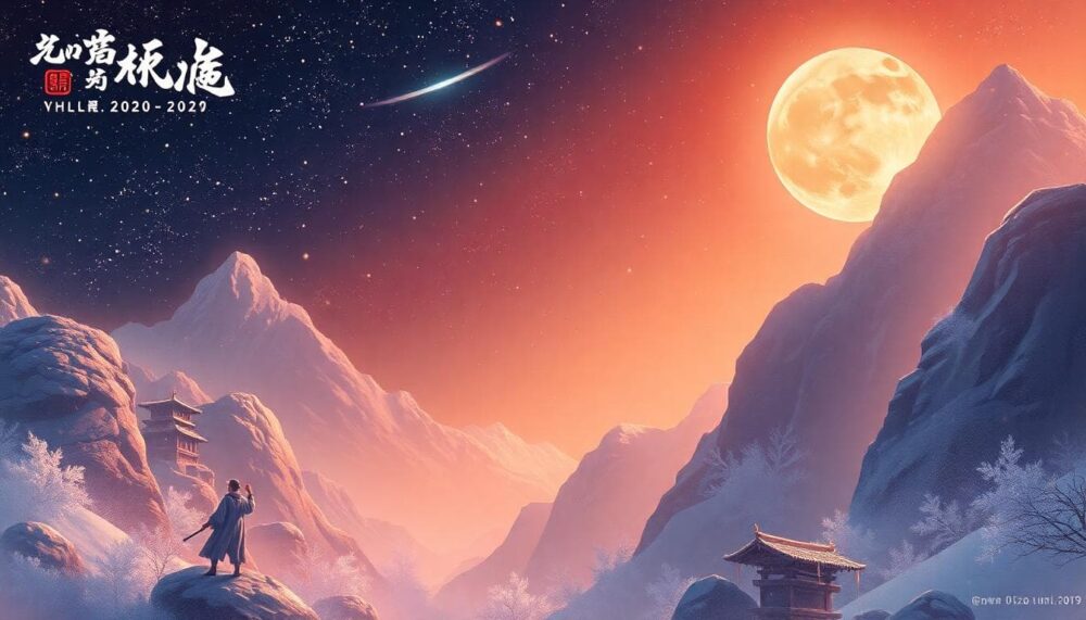 A young person pulling a bow and arrow on a vast grassland under a starry sky and distant mountains, symbolizing freedom and exploration