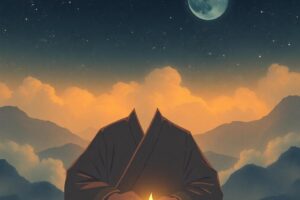 A young professional gazing at the moon through an office window, showing deep emotion and inner conflict, with shadows representing vulnerability and strength, city nightscape background