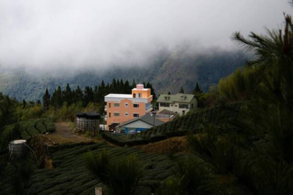 台灣嘉義縣雲霧繚繞的山脈中，色彩斑斕的小鎮，景色寧靜祥和。