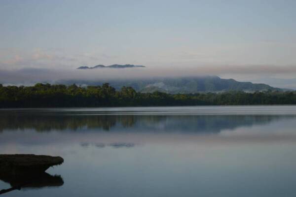 A tranquil mountain view reflected on a still lake during dawn, with misty forest scenery.