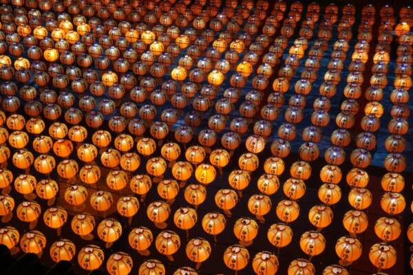 A stunning view of traditional paper lanterns hanging in rows in Kaohsiung City, Taiwan.