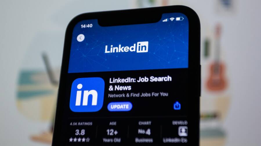 Close-up image of the LinkedIn app update screen on a smartphone display