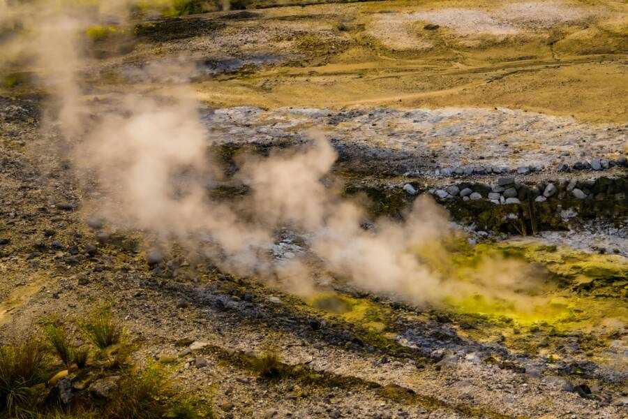 A geothermal landscape with steam vents