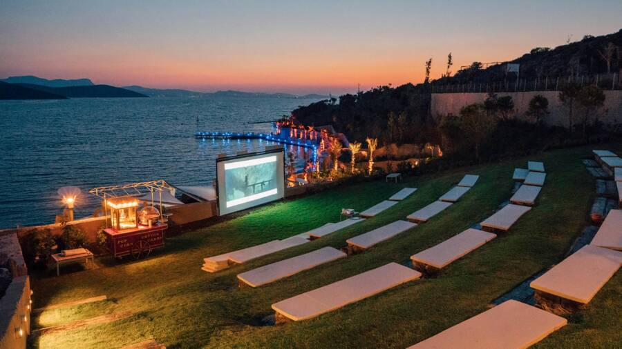 Beautiful outdoor movie setup by the sea in Bodrum, Turkey