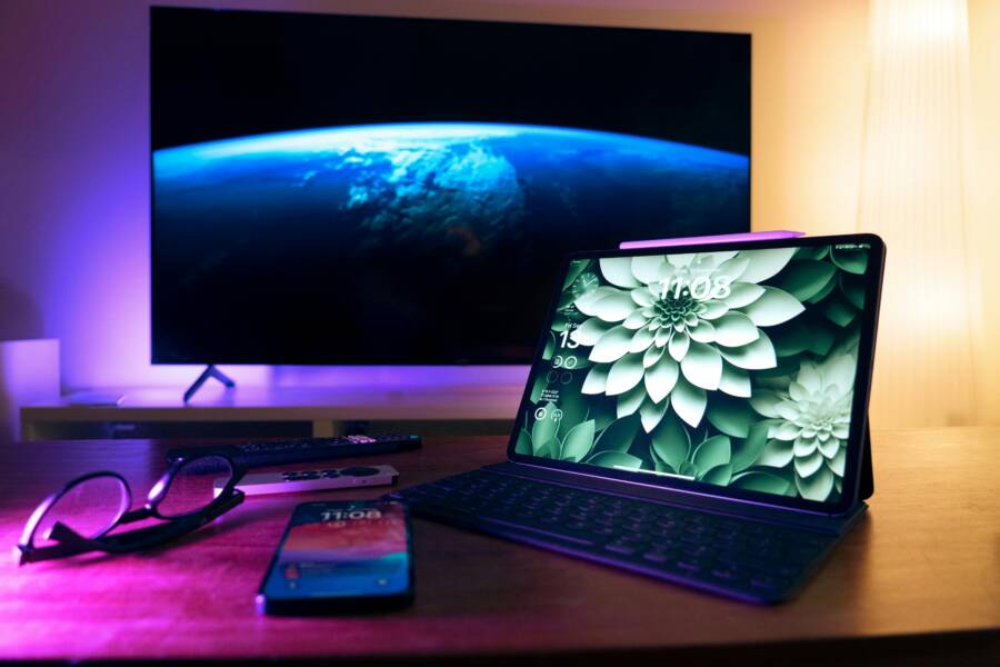 image of a tidy workspace with devices ready for testing