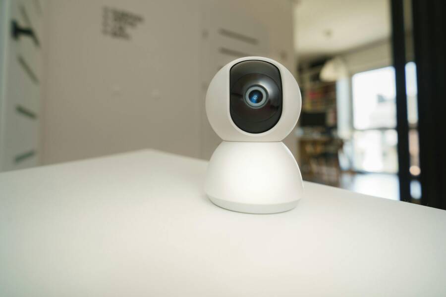 Fixing Home Automation Apps on Your Phone: Wi Fi and Router Reliability Close-up of a smart home surveillance camera on a table in an interior setting