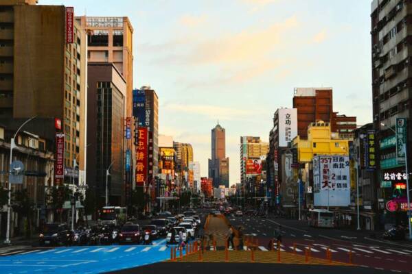Explore the bustling streets of Kaohsiung, Taiwan, captured in stunning evening light