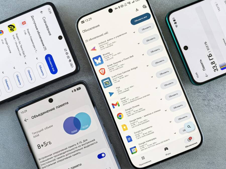 Top view of various smartphones showcasing app update screens indoors.
