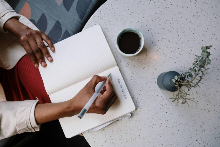 image of a focused morning routine with a planner and coffee