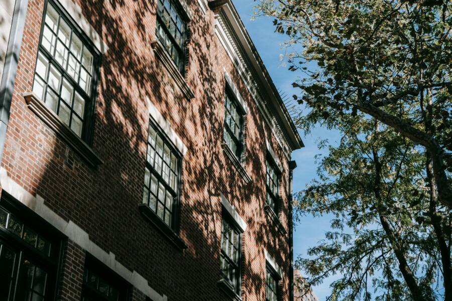 From below of facade of old residential building with shadow of trees on wall in sunny day