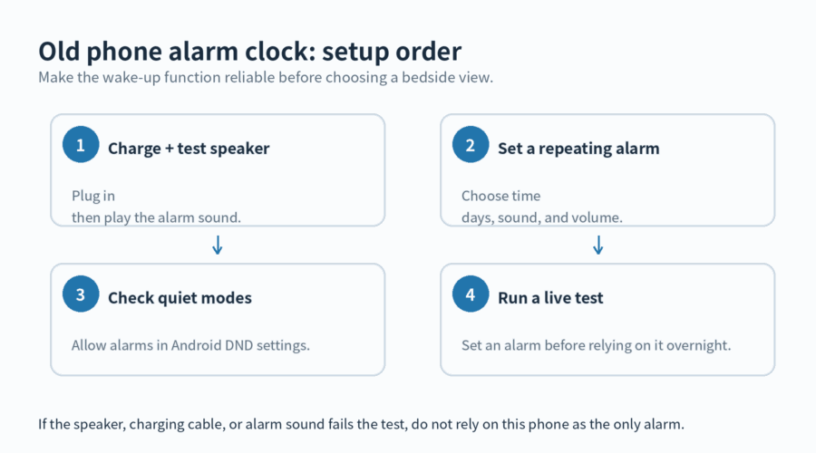 Setup order for turning an old phone into an alarm clock: charging and speaker test, repeating alarm, quiet-mode check, and live test.