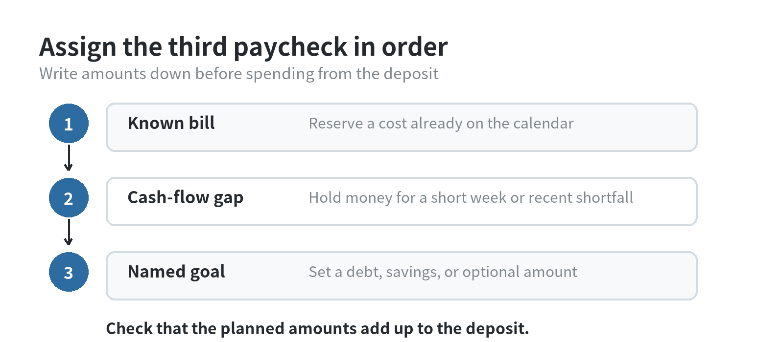 Budgeting With Three-Paycheck Months: What to Do With the Extra Check A flow diagram routes a third paycheck through upcoming bills and cash-flow needs before assigning the remainder to debt, savings, or optional spending.