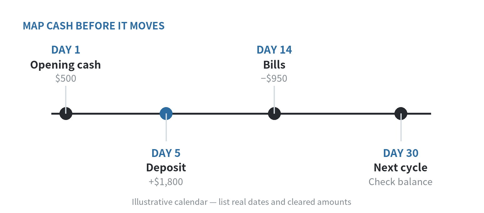 A cash-flow calendar places deposits and bills on the same timeline, with the running balance checked after each item.