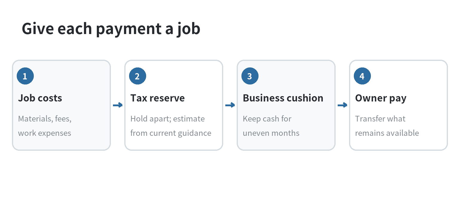 How to Budget Money for a Side Hustle Flow diagram showing side hustle receipts allocated in order to job costs, a tax reserve, a business cushion, and owner pay