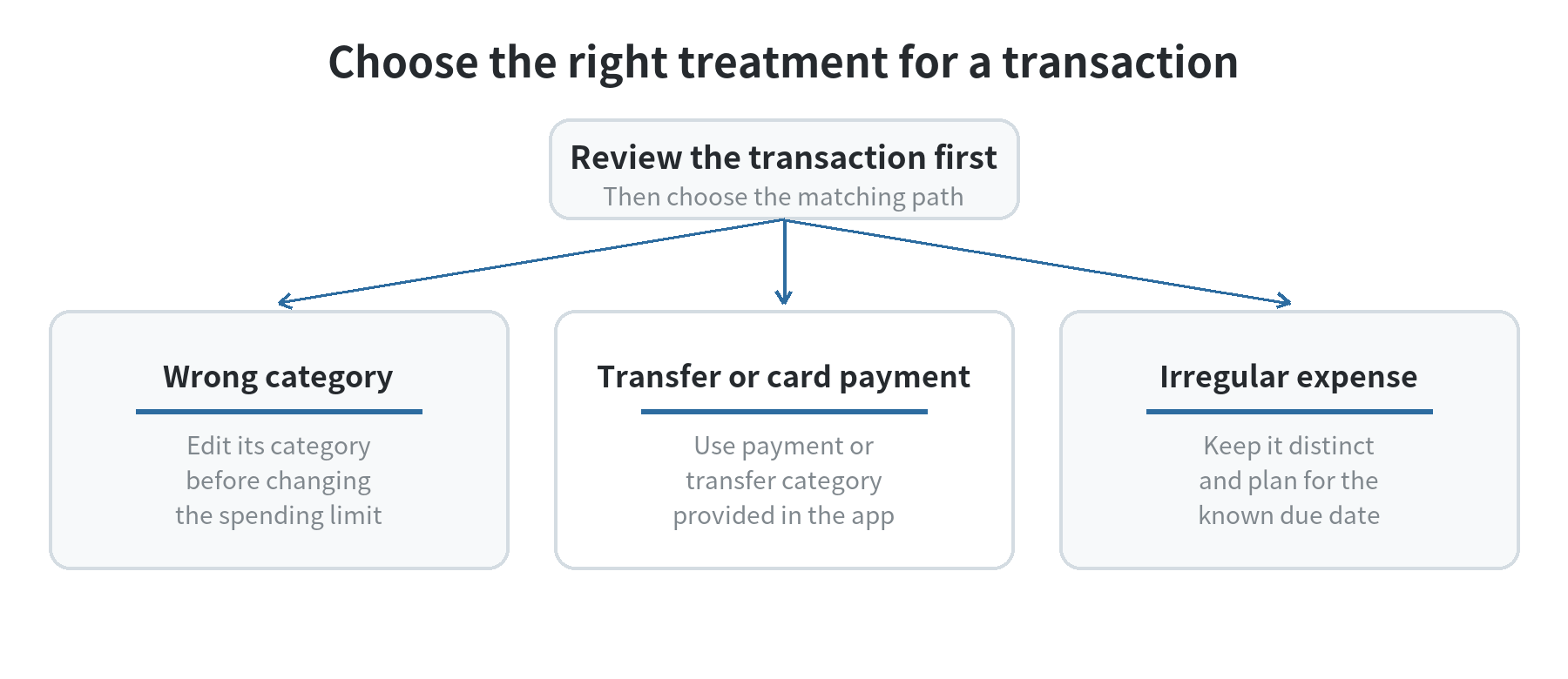 Decision flow for correcting a transaction category, separating a bill, or planning an irregular expense.