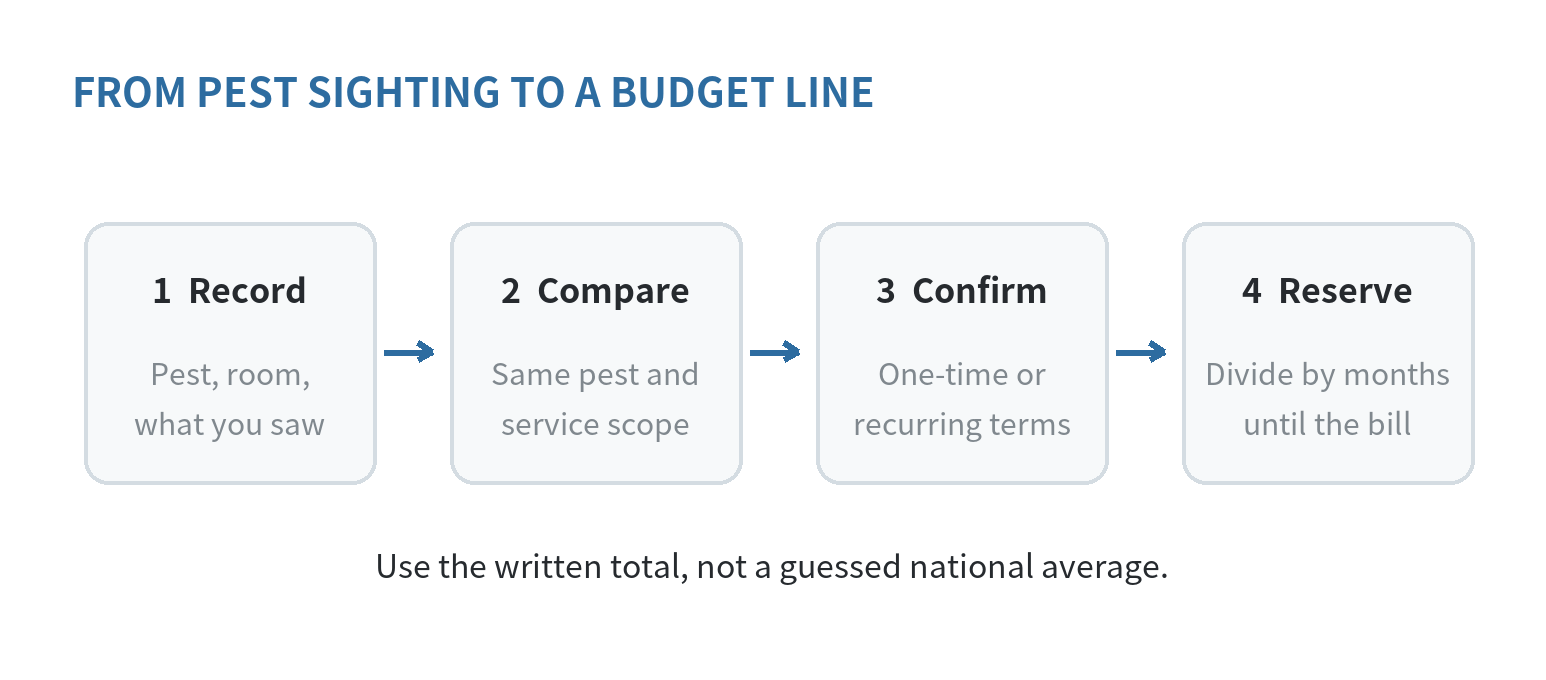 Four-step flow from recording a pest sighting to comparing the same service scope, confirming contract terms, and reserving money by the due date.