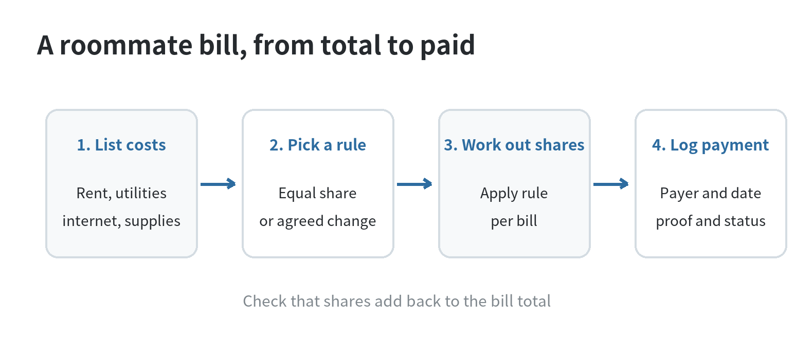 Flow diagram showing roommates listing agreed shared costs, choosing a split rule for each bill, calculating each share, and recording the due date and payer.