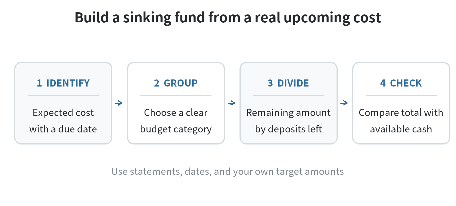 Sinking Funds by Category: How to Set Money Aside for Expenses You Can See Coming Flow diagram for sorting an upcoming cost: identify whether it is predictable, assign it to a category and due date, calculate an amount per deposit, then review the plan against available cash.