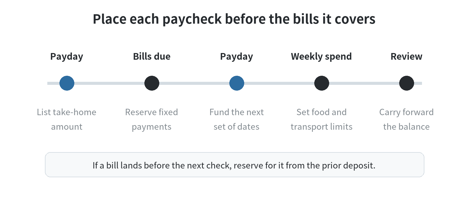 A sample monthly cash-flow timeline showing two paycheck dates, fixed bill reservations, weekly flexible spending, and an end-of-month balance check.