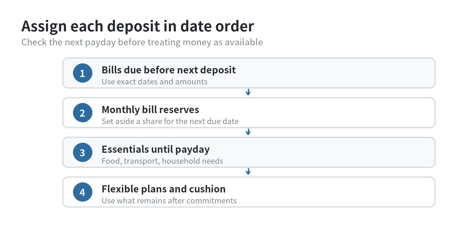 A flow diagram routes each paycheck first to bills due before the next deposit, then monthly bill reserves, essentials, and finally flexible goals.