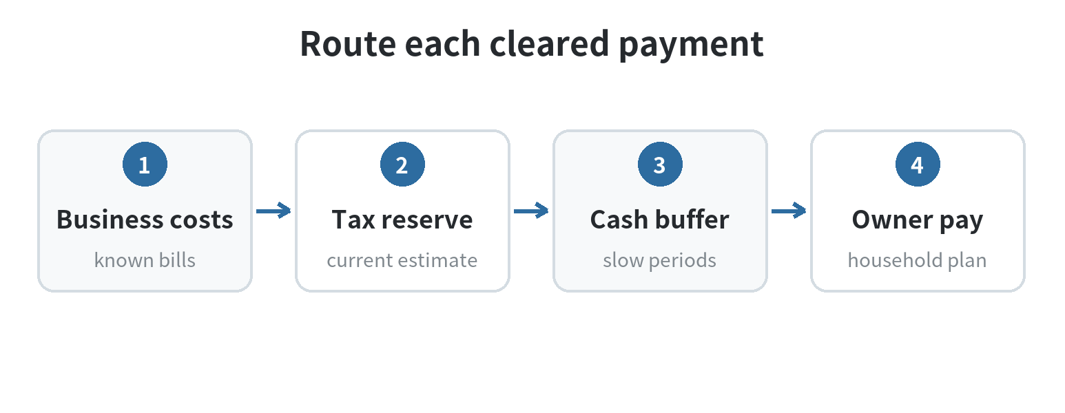 A flow diagram showing a cleared client payment allocated first to business costs, then estimated taxes and a cash buffer, with the remainder available for owner pay.