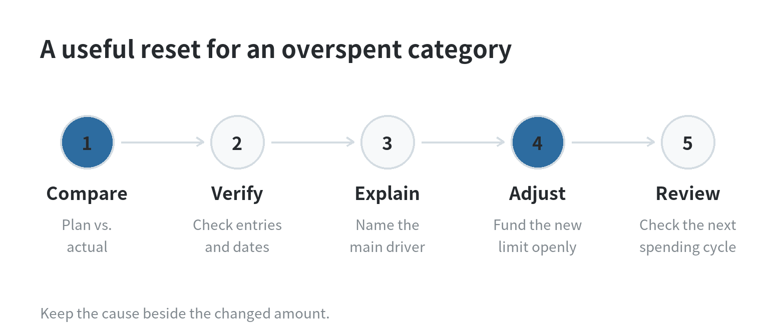 Five-step category review: compare planned and actual spending, verify transaction entries and dates, name the main driver, fund any new limit, and review the next spending cycle.