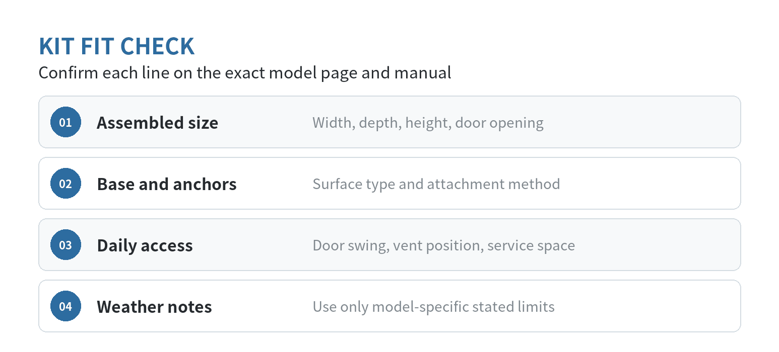 A four-part kit fit check: compare exact assembled dimensions, verify surface and anchoring, check access to door and vents, and read the full model manual.