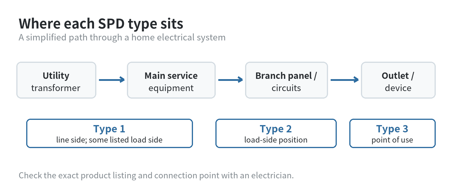 Simplified electrical path showing Type 1 and Type 2 surge protectors at service equipment and Type 3 protection near an individual device